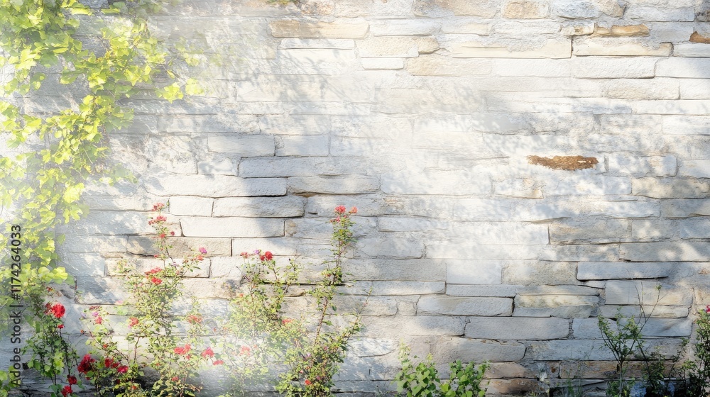 Poster Stone wall covered in vines and roses with soft lighting creating a serene and tranquil atmosphere for nature and architecture themes