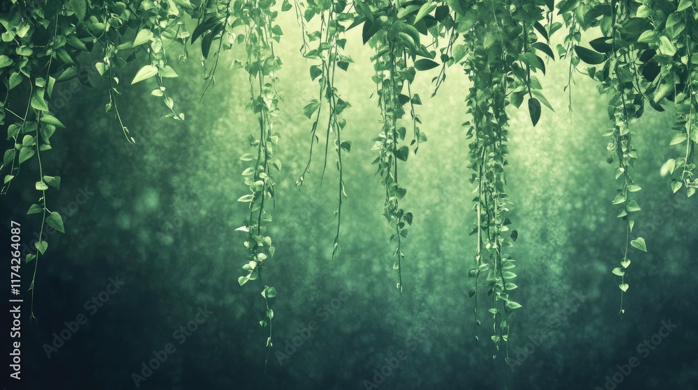 Poster artistic depiction of cascading green vines creating a serene and natural atmosphere with soft light