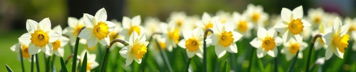 A bed of white daffodils blooming in the garden, color, bloom, flowers