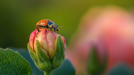Beetle perched on a flower bud showcasing intricate details and vibrant colors in a natural garden setting