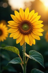 Obraz premium A key glows with soft light as it touches a sunflower, golden key, nature