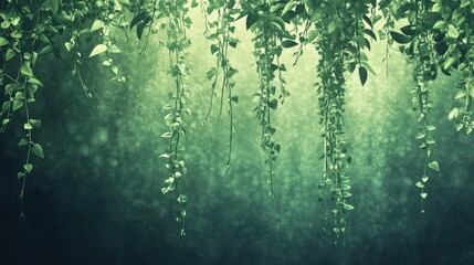 Artistic depiction of cascading green vines creating a serene and natural atmosphere with soft light and a blurred background effect.