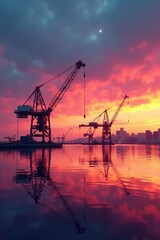 Fototapeta premium Crane's boom extends across the calm water surface at dusk, horizon, cranes, water