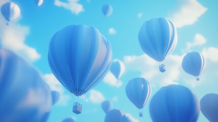 Obraz premium 3D render of blue air balloons in a minimalist blue studio, floating gracefully, celebrating happiness and joy with soft pastel tones and light ambiance