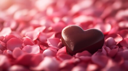 Fototapeta premium Heart Shaped Chocolate Bonbon Nestled in Delicate Rose Petals with Soft Warm Glow