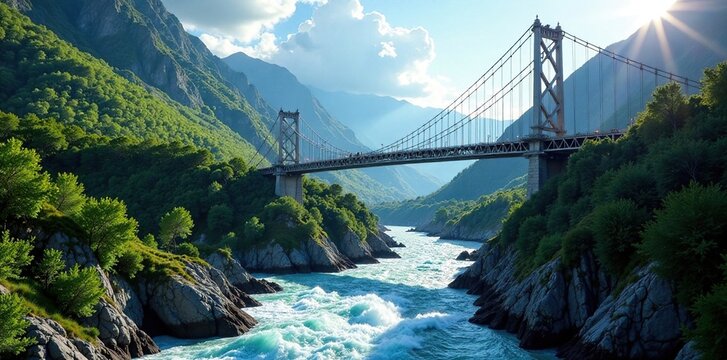 Suspension bridge spanning a fast-moving mountain river, steeper, landscape