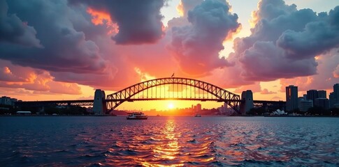 Obraz premium Dawn breaks over the Harbour Bridge with majestic clouds, landscape, bridge, harbour