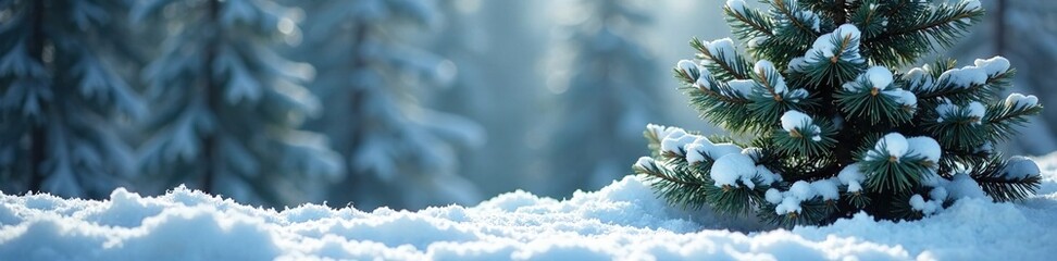 Snowy pine tree in a secluded area with surrounding greenery, peaceful, frozen, cold