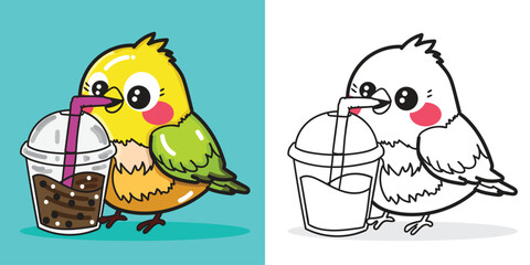 a cartoon bird drink boba tea illustration
