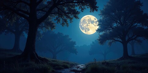 Naklejka premium Twinkling branches filter moonlight, casting mystical shadows on forest floor, lunar, woodland, shadow