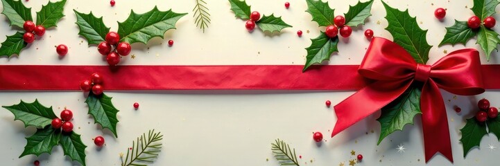 Red ribbon bow tied around a Christmas card with festive holly leaves, cards, evergreen, holiday cards