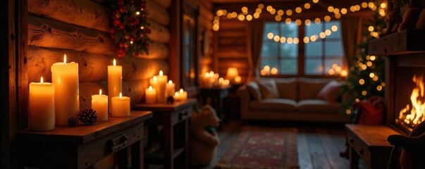 Obraz premium Warm candlelight flickers around wooden beams, festive atmosphere, candlelight, warm glow