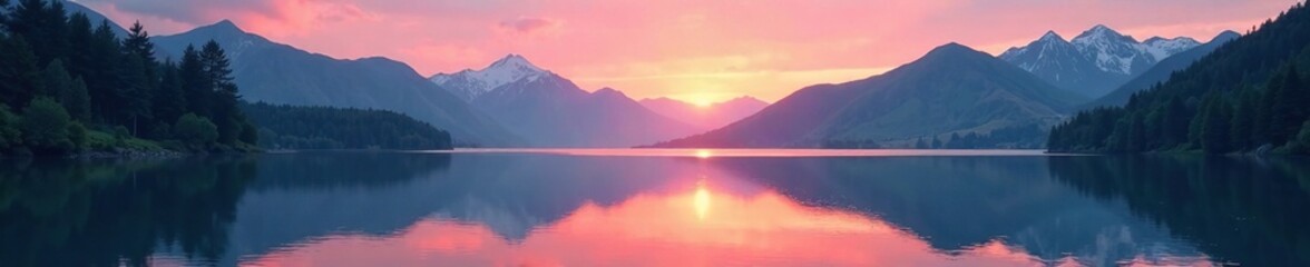 Fototapeta premium Misty dawn breaks over the tranquil lake with a stunning mountain backdrop, lake, mountains, serene landscape