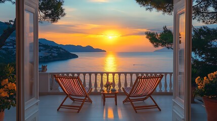 Fototapeta premium Serene sunset view from balcony coastal villa relaxing atmosphere