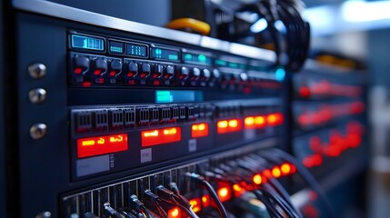 Naklejka premium Digital Data Transfer Conceptual with Servers and Cables in Rack