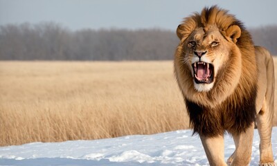 포효하는 사자 겨울철 눈밭에 서있다