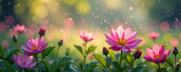 Sparkling mist falls softly on blooming flowers, natural wonder, gentle atmosphere, soft focus