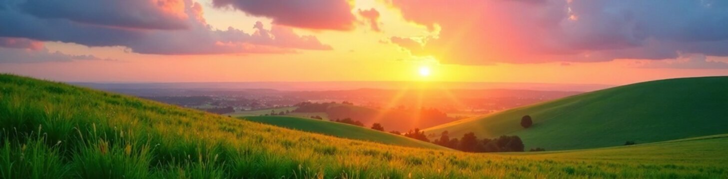 Softly glowing sunrise over a serene landscape of rolling hills and green fields, fields, sky, pastel colors