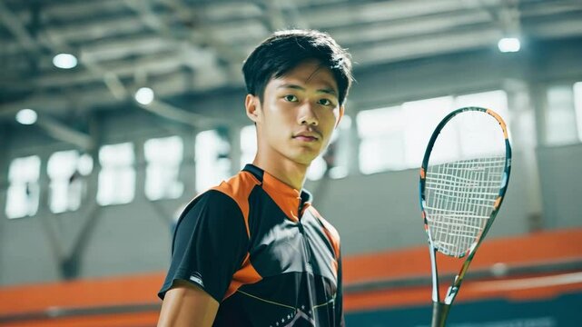 Squash player holding a racquet in an indoor court, focused and ready for a match, surrounded by modern gym lighting. ai