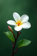 Obraz premium A single white plumeria flower on a thin branch with a few leaves, leafy, closeup, blossoms