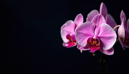 Naklejka premium Delicate orchid blooms on dark velvet backdrop, orchids, black background