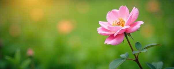 Naklejka premium Delicate pink rose blooming in a lush green meadow, gentle hues, pastel colors