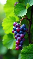 Fototapeta premium Lush green leaves and purple grapes on a viney branch, foliage, leafy greens