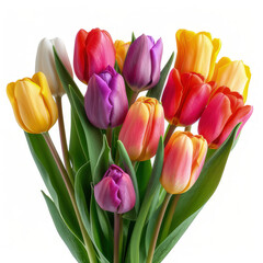 Fototapeta premium A vibrant bouquet of tulips in various colors, symbolizing beauty and spring. isolated on white background