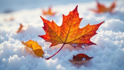 Delicate orange autumn maple leaf on snowy ground, texture, orange, frost