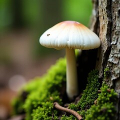 White mushroom growing on birch tree trunk with moss, natural, roots, soil