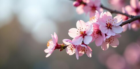 Fototapeta premium Pink and white flowers swaying gently in the breeze on a bare tree branch, spring flowers, white flowers