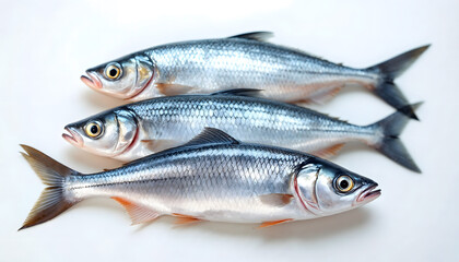 Fototapeta premium A close-up image of two fresh fish with shiny scales and vibrant colors, displayed against a clean white background