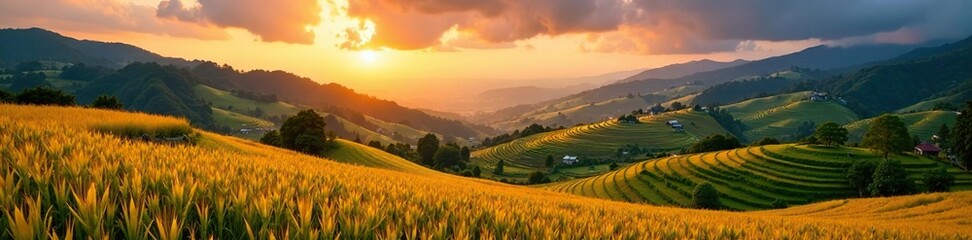 Fototapeta premium Rice paddies stretch into the sky with golden terraces, nature, sunset, hills
