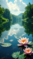 Serene river surface with rippling water and reflected clouds, lilies, peaceful, nature