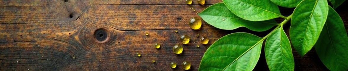 Moringa plant leaves and oil droplets on a wooden surface, botanical, wood