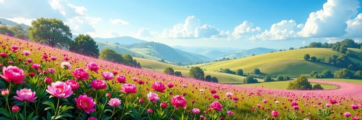 Rolling hills with peony flowers blooming in every color of the rainbow, colors, blue sky
