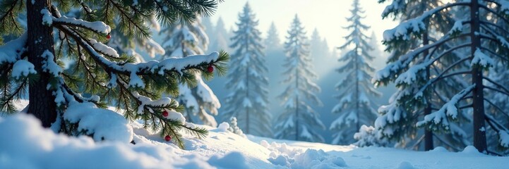 Pine branches swaying gently in the snowy wind, forest, landscape