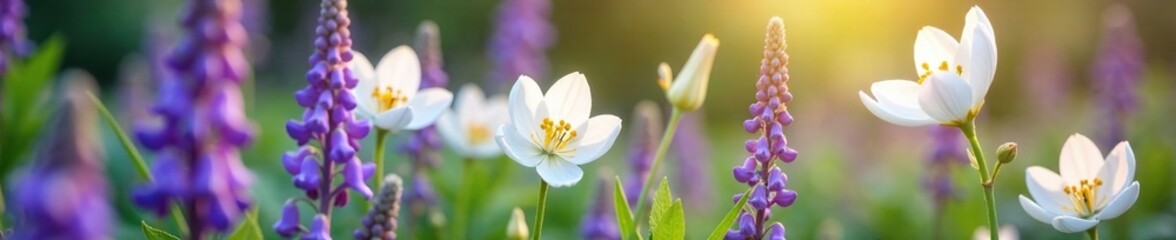 Obraz premium Gentle petals unfurl in soft white hues amidst purple blooms springing forth from delicate stems, garden scene, white flowers