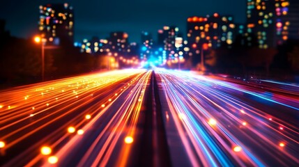 Fototapeta premium Vibrant Digital Data Transfer Blurred Lights and Motion in a Futuristic Urban Landscape