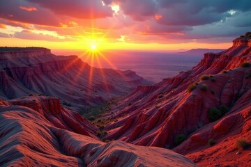 Landscapes of eroded mountain ridges at sunset, geological, slopes, erosion