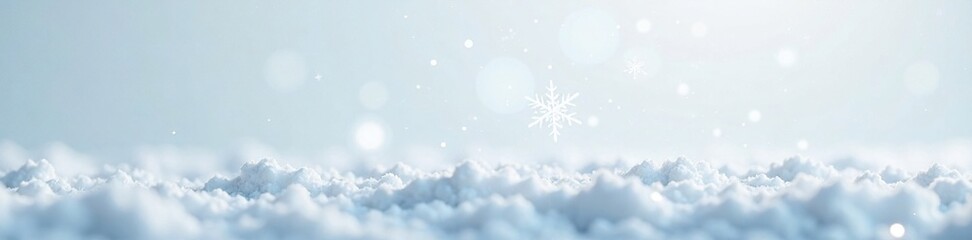 Fototapeta premium A delicate snowflake falls gently from the sky onto a blanket of fresh powder over white background, powder, falling, soft landing
