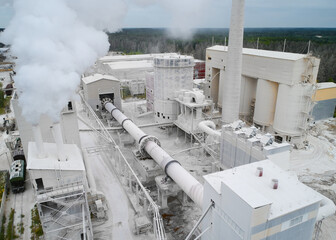 Pipe rotary kiln for lime and clinker firing. Aerial view.