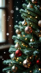 Delicate snowflakes gently settle on a vintage-inspired Christmas tree adorned with ornaments and sparkly trinkets, tree, glittering