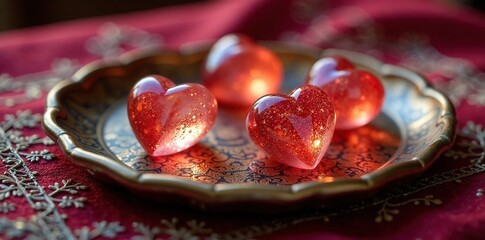 Shimmering glass heart accents add a touch of luxury to an oriental shawl tray, texture, elegant