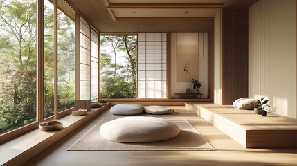 Fototapeta premium Serene meditation space modern home interior design tranquil close-up