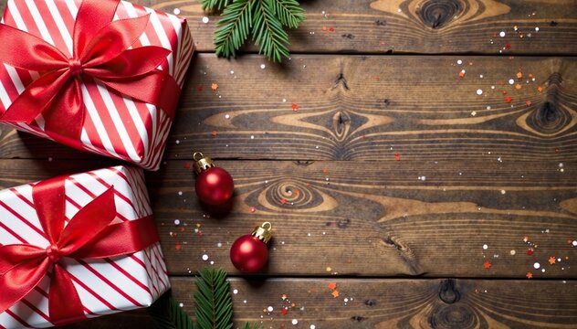 Red and white striped wrapping paper on a wooden table, festive, bows, wood