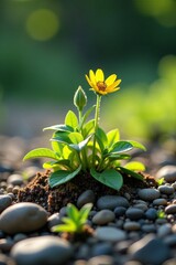 Weeds sprouting from a pile of rocks and stones, wildflowers, growth, plants