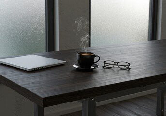 Industrial Style Desk with Coffee, Laptop and Glasses
