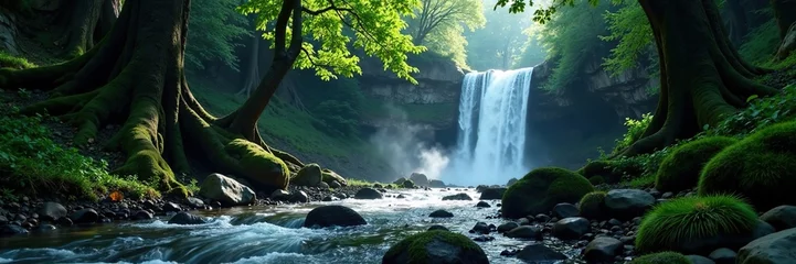  Dark forest with a cascading waterfall in the distance, moving, waterfall © Temteen