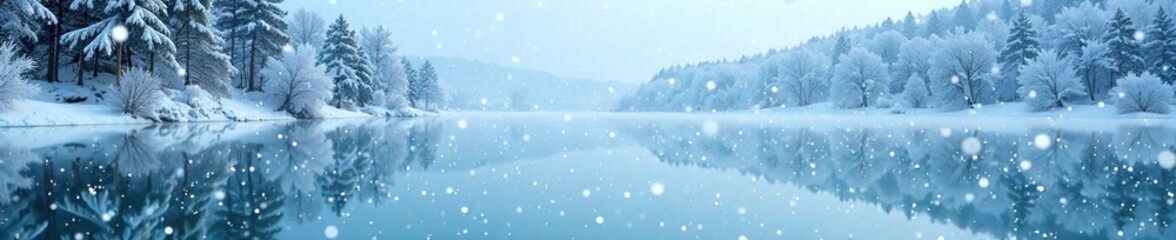 Fototapeta premium Snowflakes gently fall onto a frozen lake's surface, stillness, winter scene, clear blue sky